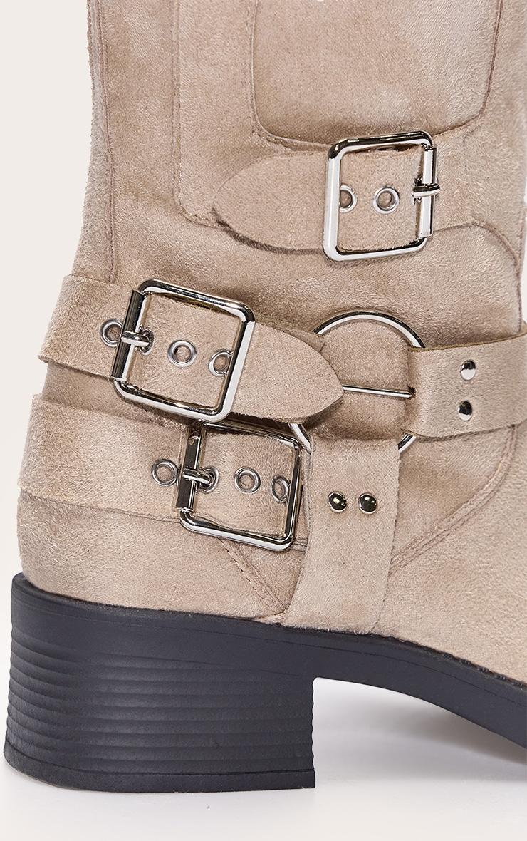 Cream Faux Suede Round Toe Multi Buckle Harness Knee High Boots Product Image