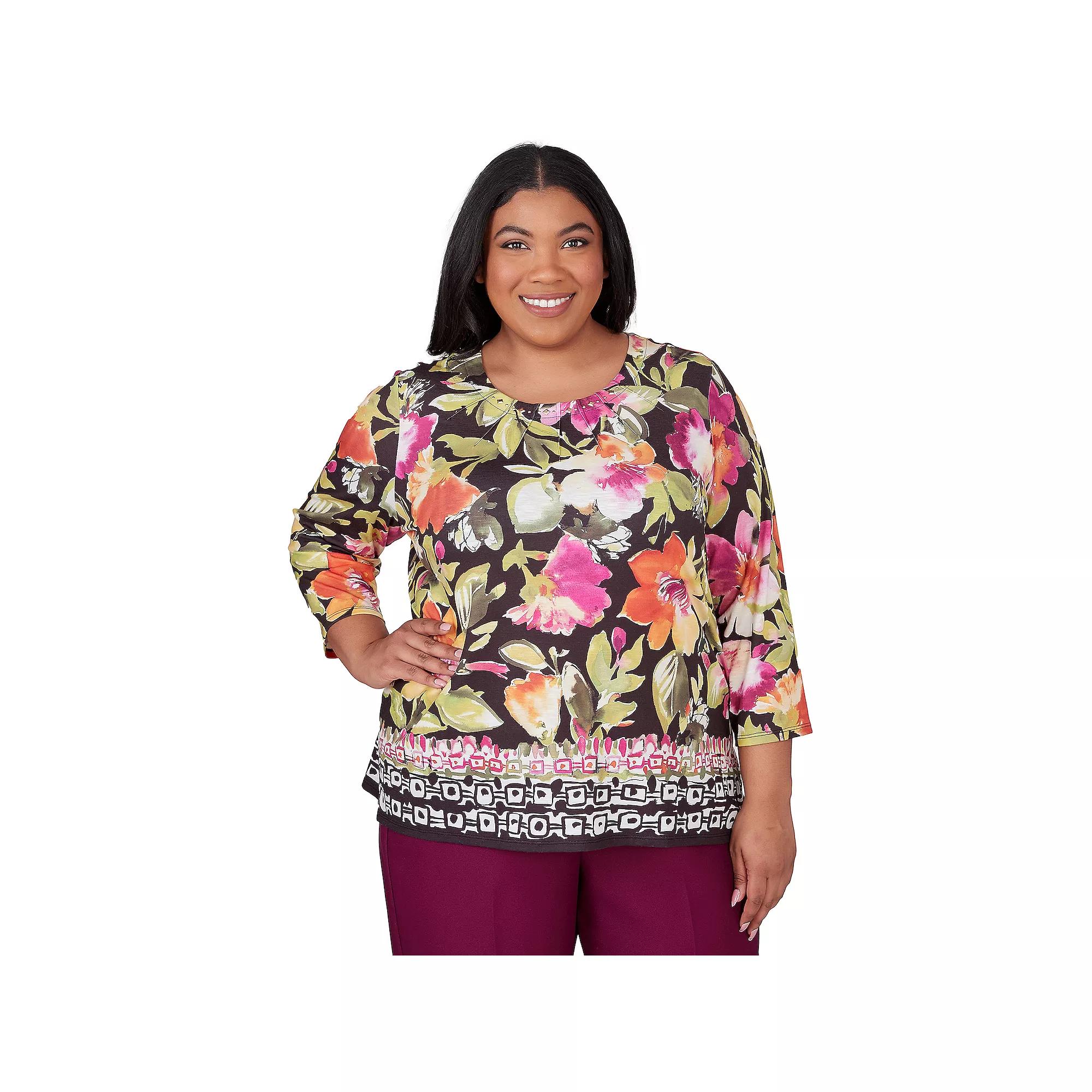 Plus Size Alfred Dunner Bold Floral Geometric Border Top, Women's, Size: 2XL, Multi Purple Product Image
