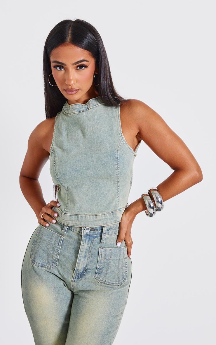 Petite Vintage Wash Denim Backless Top Product Image