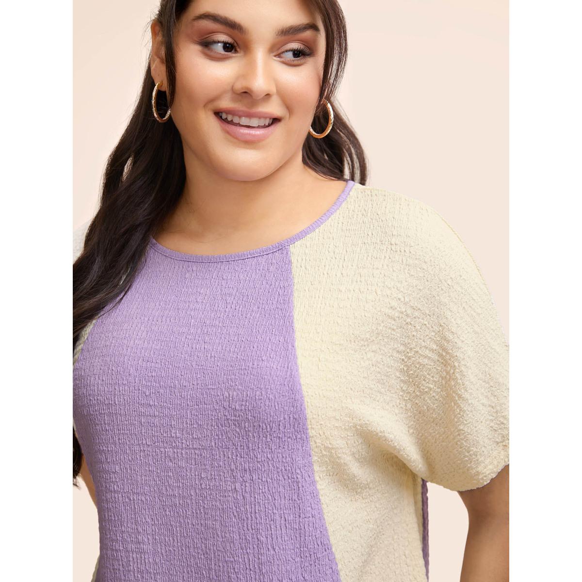 Plus Size Texture Patchwork Contrast Dolman Sleeve T-shirt Lilac Women Elegant Texture Round Neck Everyday T-shirts BloomChic 12/L Product Image
