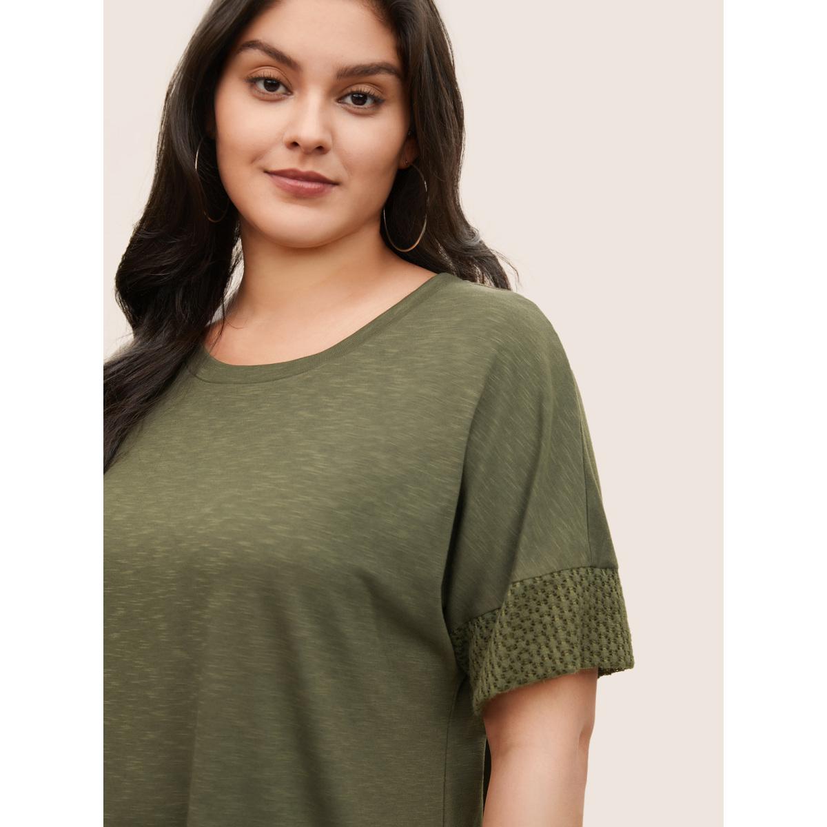 Plus Size Solid Lace Insert Batwing Sleeve T-shirt ArmyGreen Women Casual Texture Plain Round Neck Everyday T-shirts BloomChic 10/M Product Image