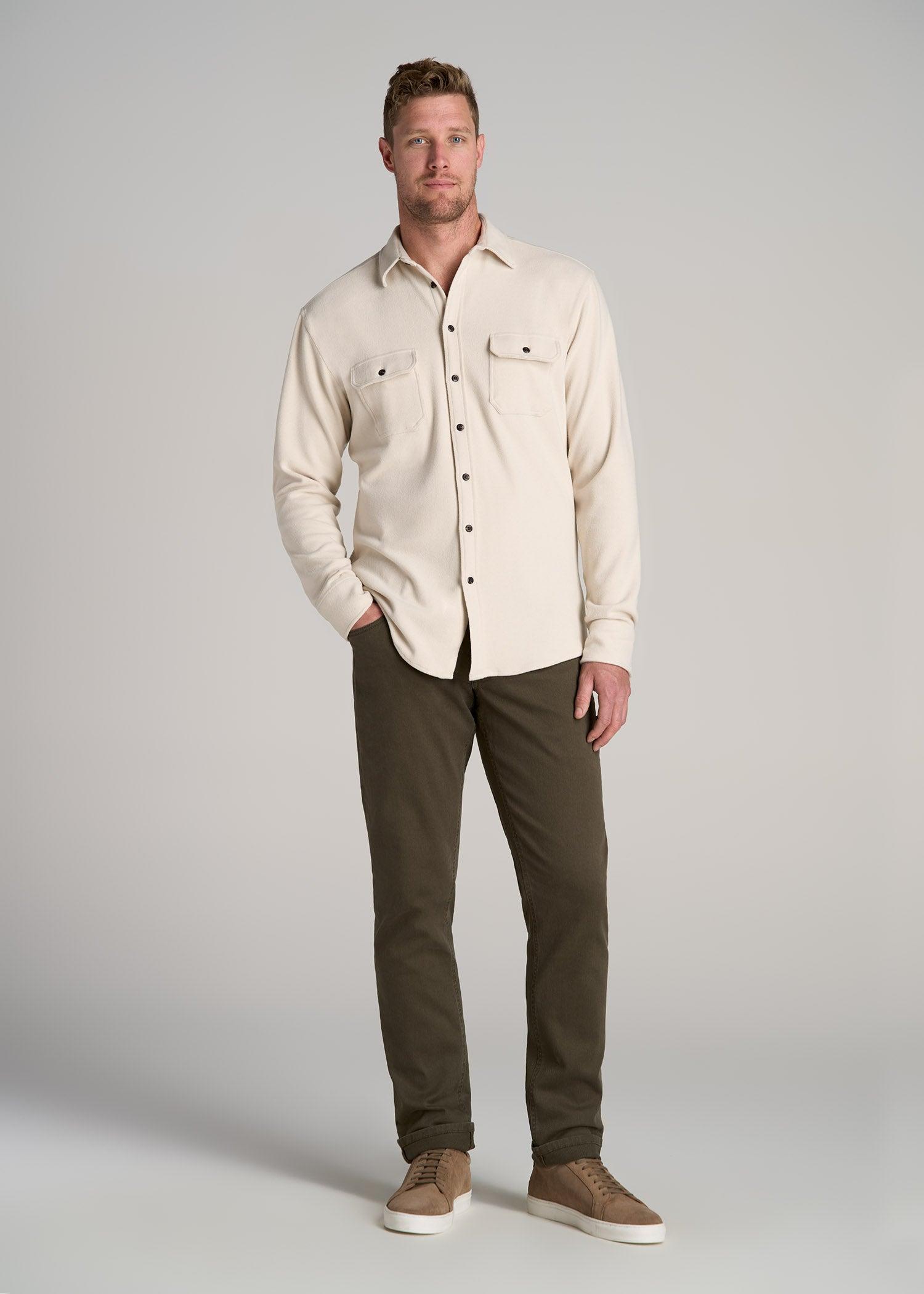 Stretch Flannel Button Shirt for Tall Men in Soft Beige Male Product Image
