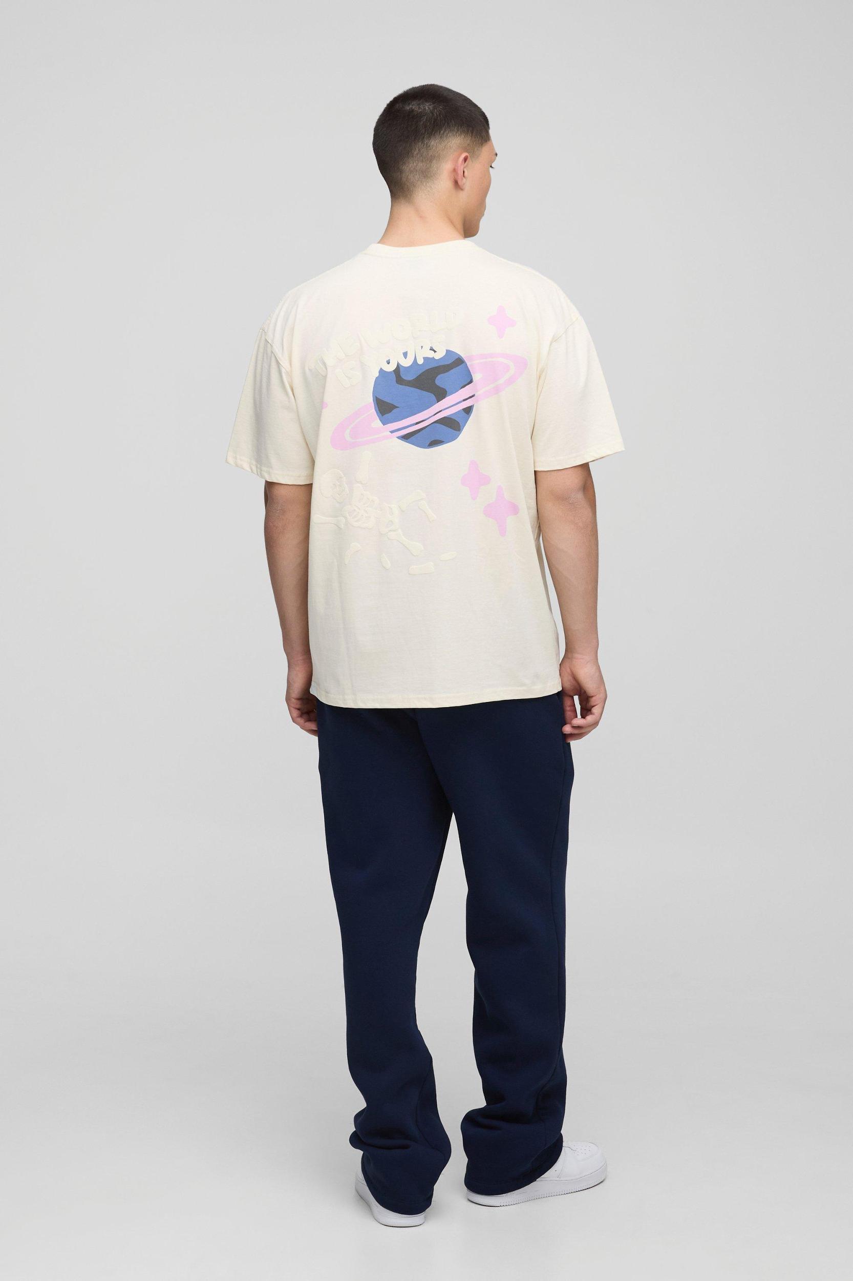 Ecru Oversized Puff Print Planet Space Graphic T Shirt | boohooMAN USA Product Image