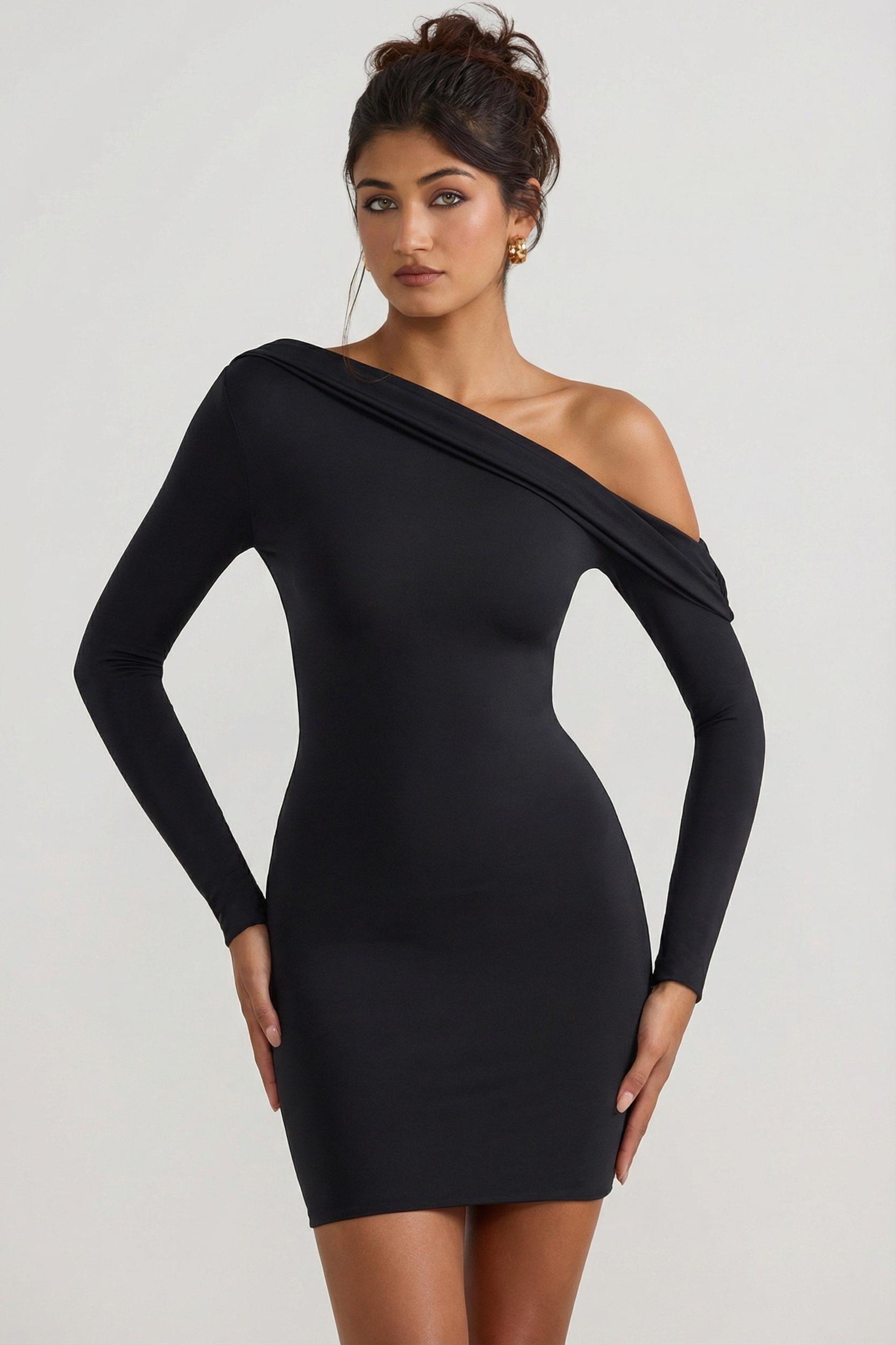 Off-Shoulder Ruched Mini Dress in Black Female Product Image