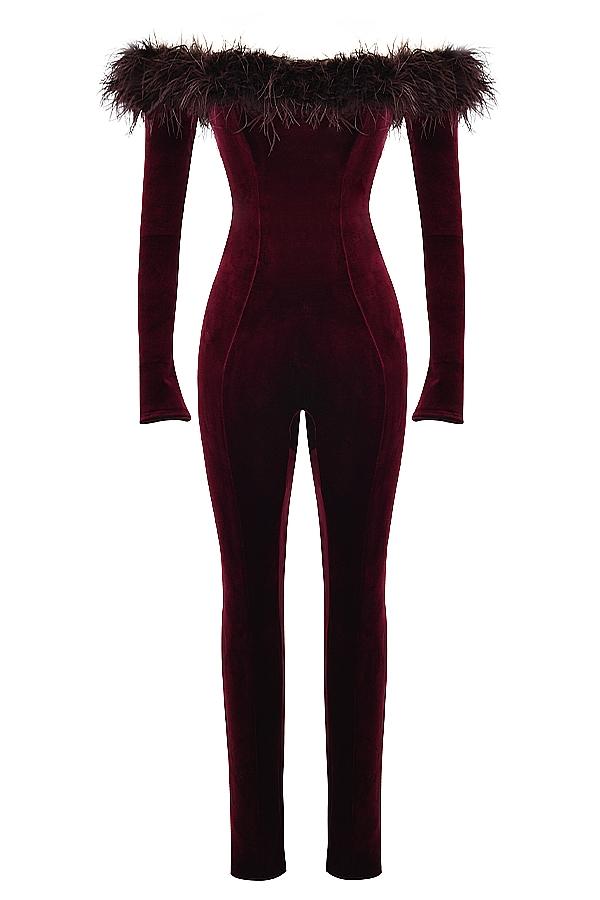 Salima  black cherry velvet jumpsuit - sale Product Image