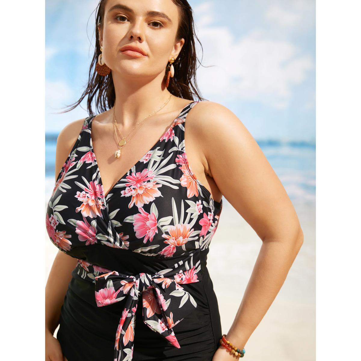 Plus Size Overlap Collar Floral Patchwork Tie Knot One Piece Swimsuit Women's Swimwear Black Beach Tie knot Curve Bathing Suits High stretch One Pieces BloomChic 22-24/3X Product Image