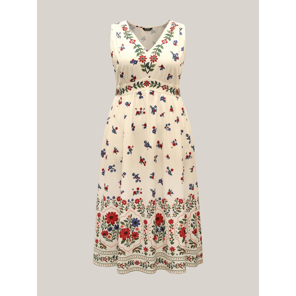 Plus Size Floral Print V-Neck Waist-Cinched Dress Ivory Women Resort Non V-neck Sleeveless Curvy BloomChic 30/6X Product Image
