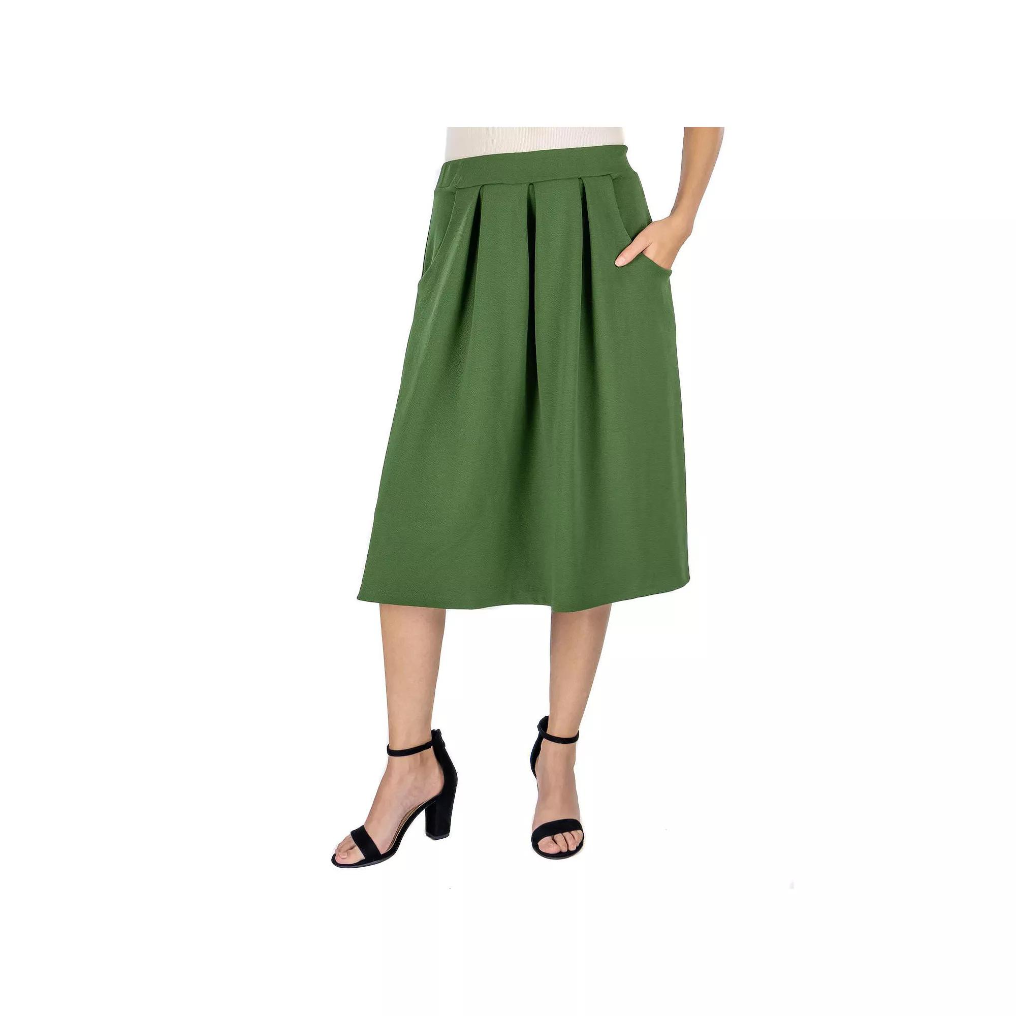 Women's 24Seven Comfort Apparel Solid Pleated Midi Skirt,  Product Image