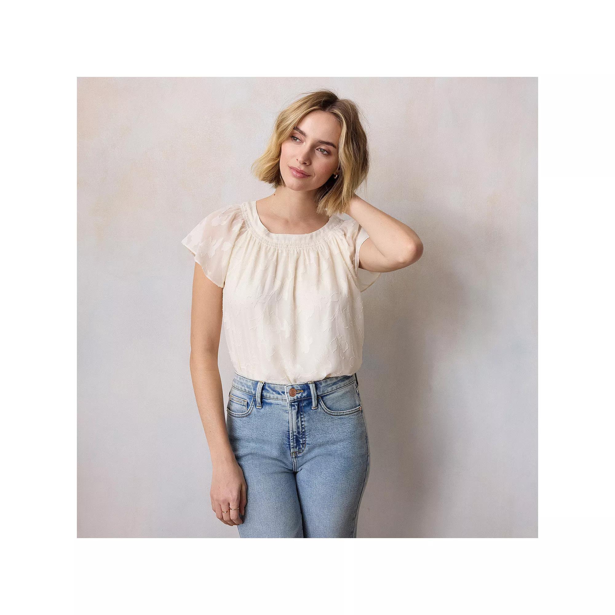 Women's LC Lauren Conrad Shirred Neck Shell Top, Size: Large, Ivory Silk Product Image