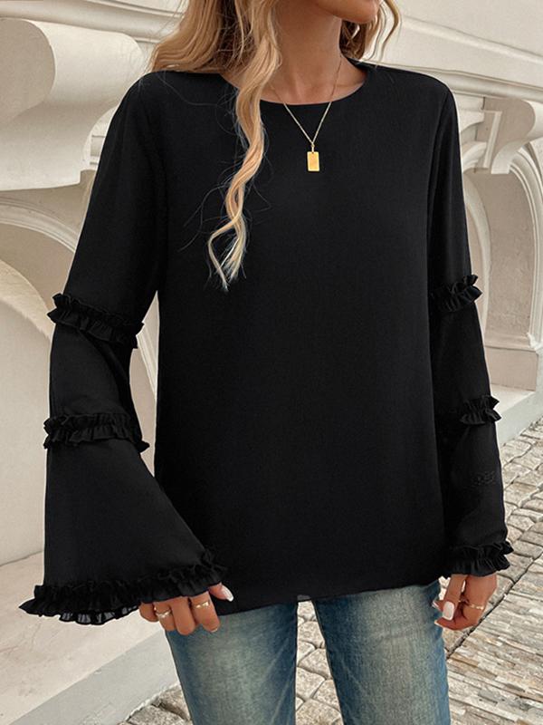 Flared Sleeves Long Sleeves Solid Color Split-Joint Round-Neck T-Shirts Tops Product Image