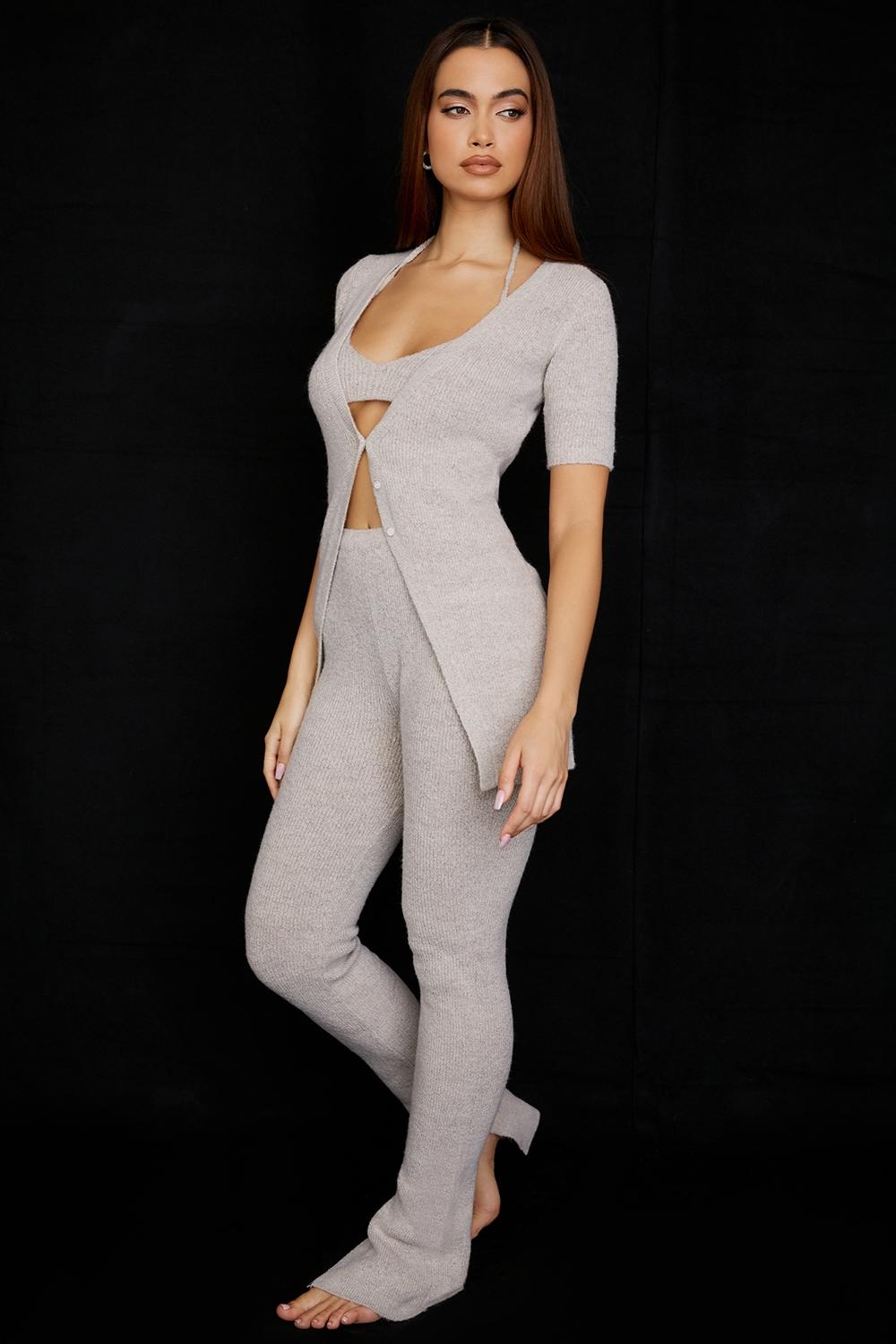 Raven  oatmeal ribbed knit flared trousers - sale Product Image