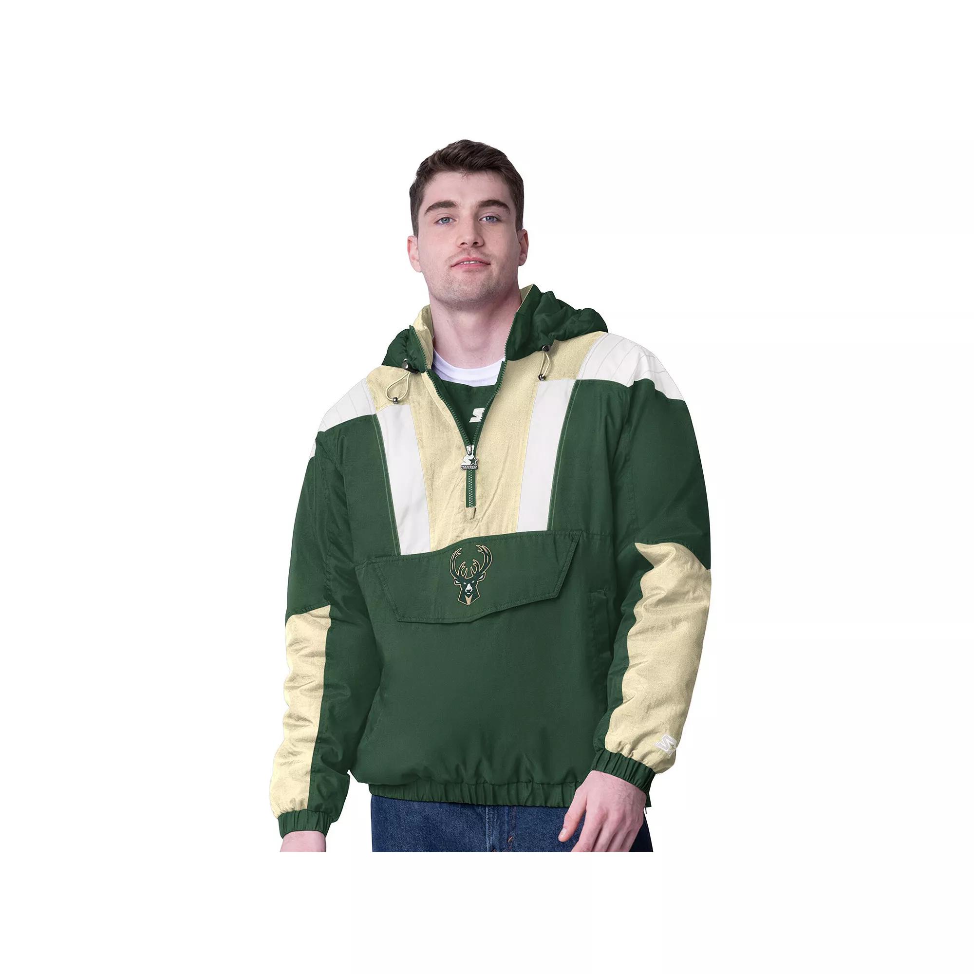 Men's Starter Hunter Green/Cream Milwaukee Bucks Charger Half-Zip Pullover Jacket,  Product Image