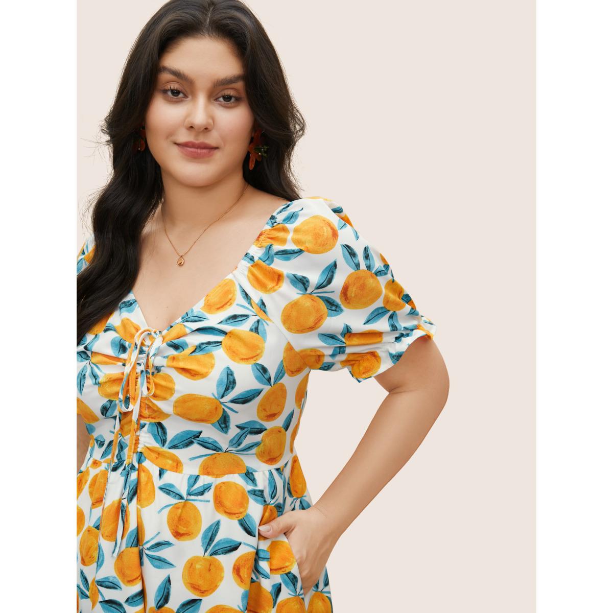 Plus Size Fruits Print Drawstring Ruched Lantern Sleeve Dress Ivory Women Elegant Gathered Tie Neck Short sleeve Curvy Midi Dress BloomChic 10/M Product Image