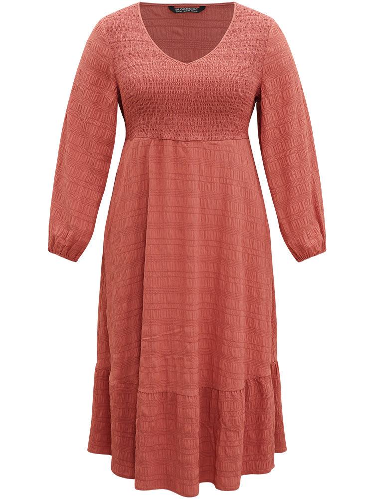 Solid Shirred Plisse Flutter Hem Dress Female Product Image