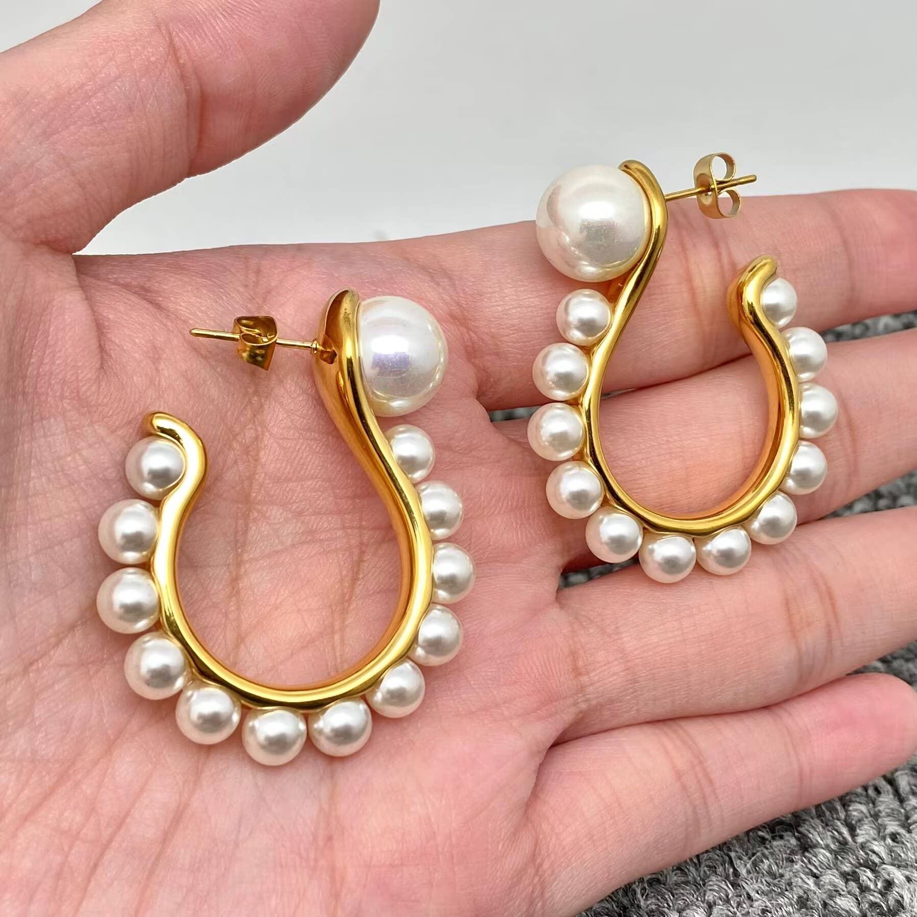 Pearl Hook Shape 18K Gold Plated Post Earrings Product Image