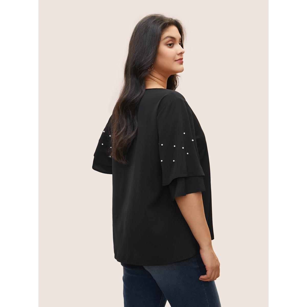Plus Size Black Solid Pearl Beaded Ruffle Layered Sleeve Blouse Women Elegant Short sleeve V-neck Everyday Blouses BloomChic 12/L Product Image