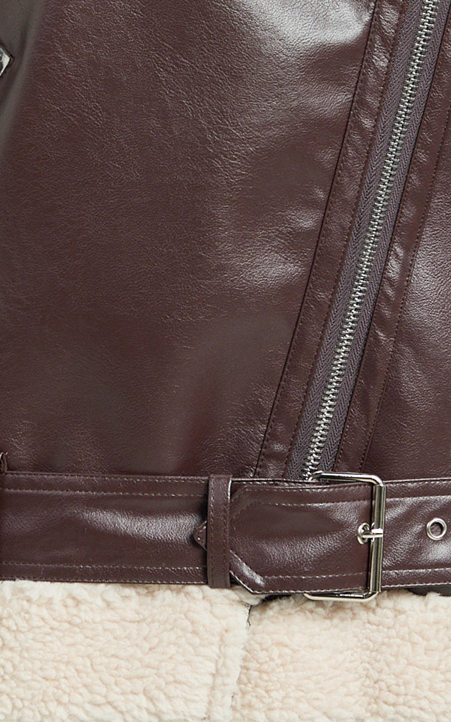 Claudette Jacket - Faux Leather Shearling Oversized Biker Jacket in Dark Chocolate Product Image