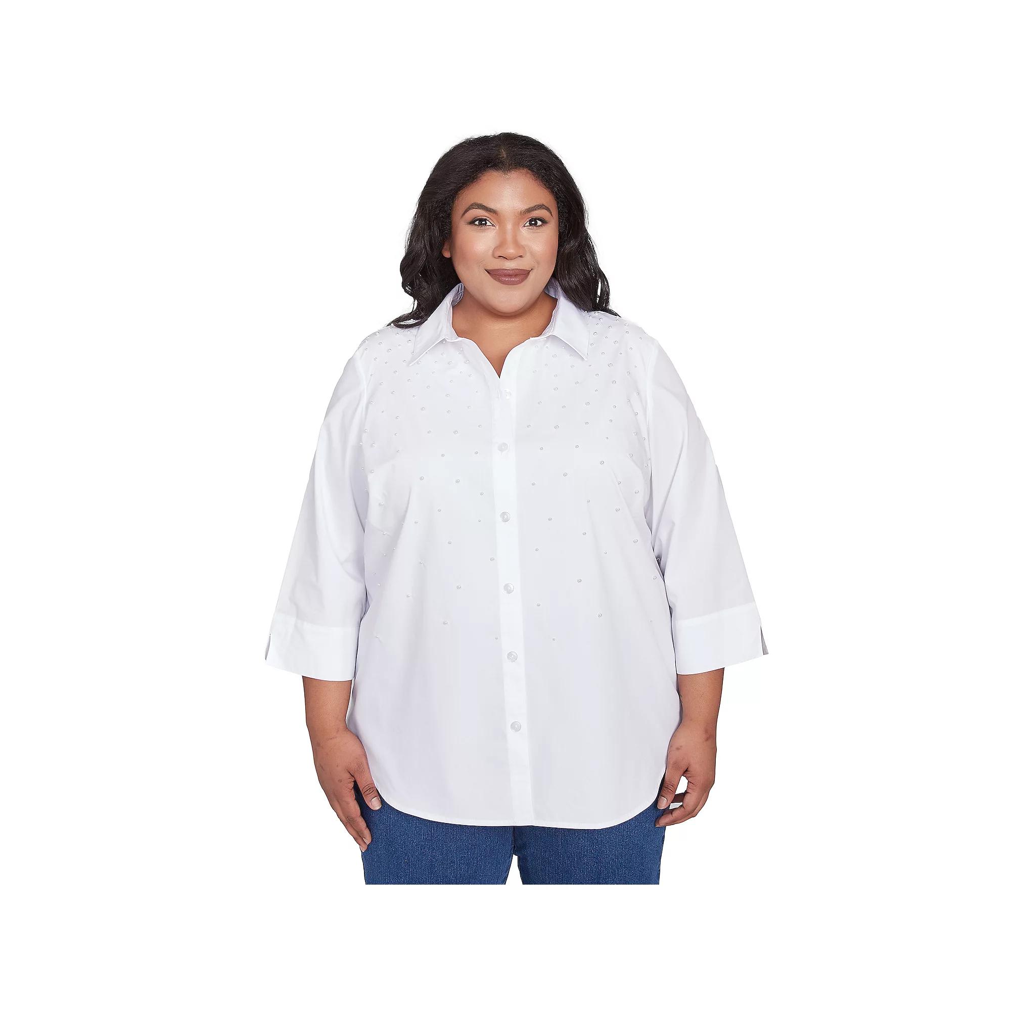Plus Size Alfred Dunner Pearl Studded Button Down Top, Women's, Size: 3XL, White Product Image