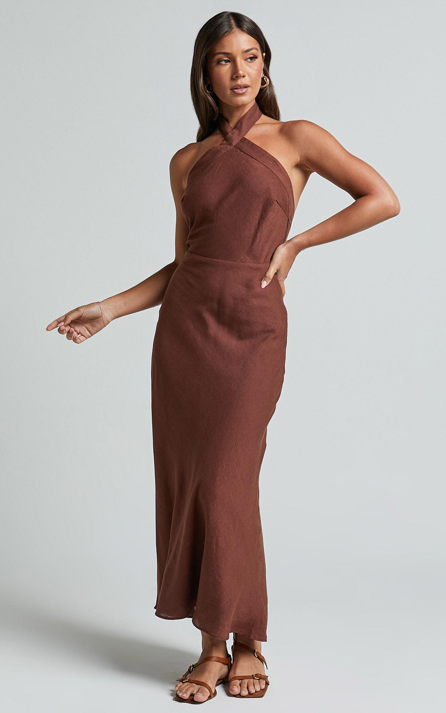 Maelynn Midi Dress - Linen Twist Halter Neck Low Back Slip Dress in Chocolate Product Image