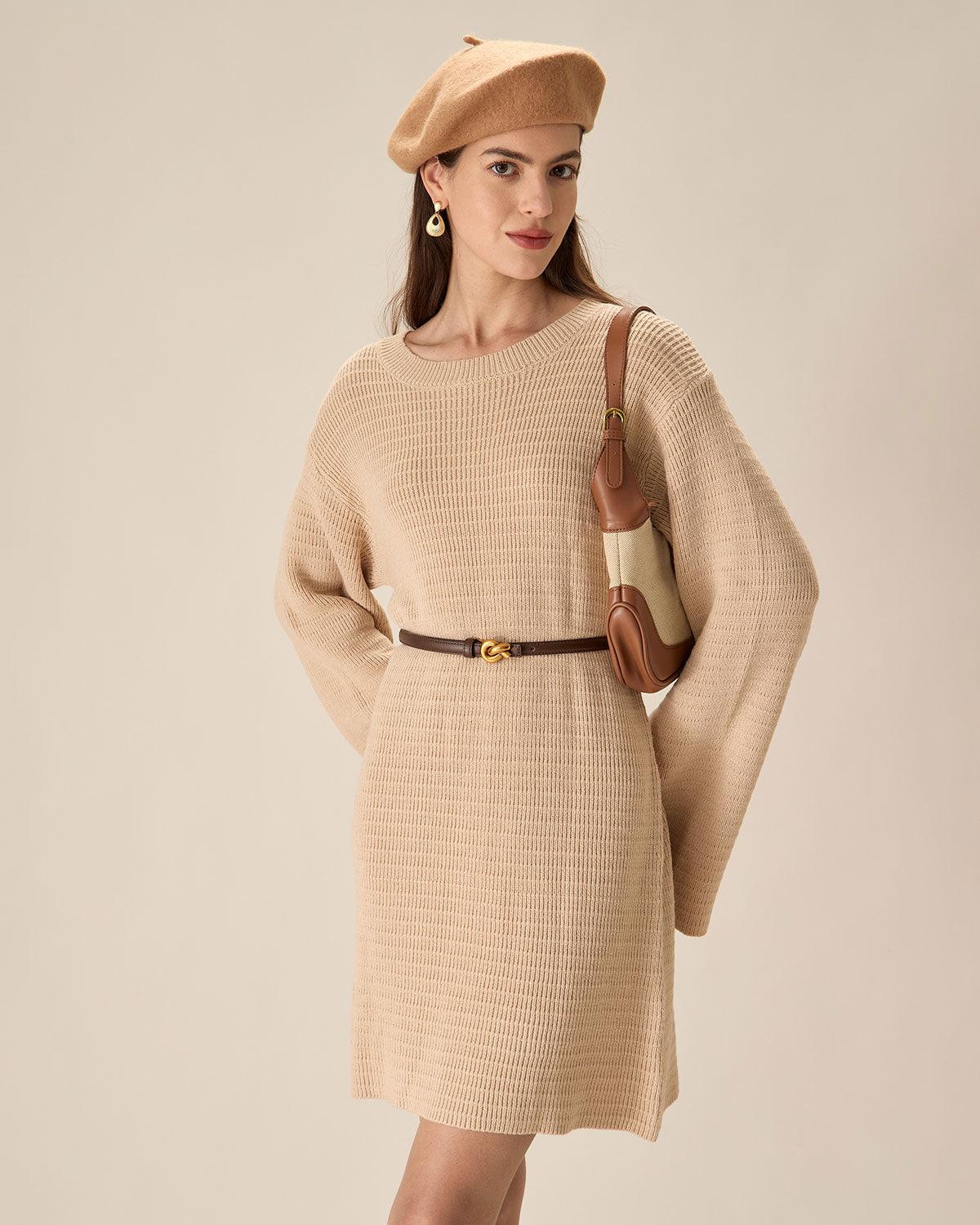 Beige Drop Shoulder Sweater Mini Dress Product Image