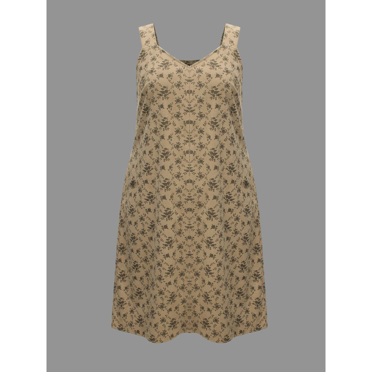 Plus Size Suspender Skirt Style Floral Dress Browncoffeecolor Women Casual Texture Non Sleeveless Curvy BloomChic 14-16/1X Product Image