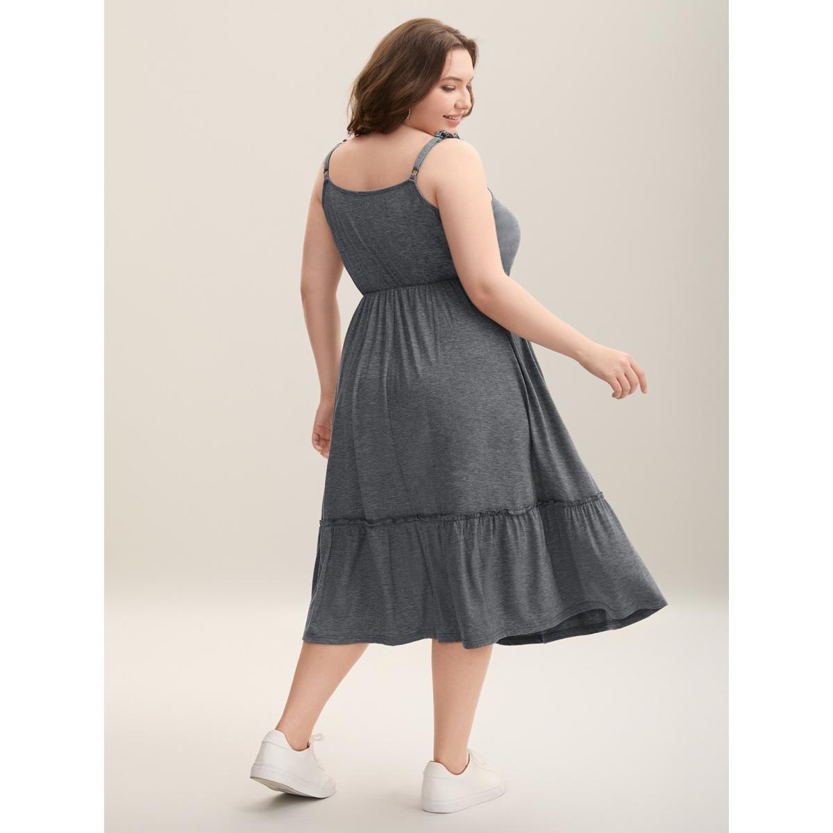 Plus Size Supersoft Heathered Ruched Straps Midi Dress DimGray Women Casual Frill Trim Knit Dresses Bloomchic 18-20/2X Product Image
