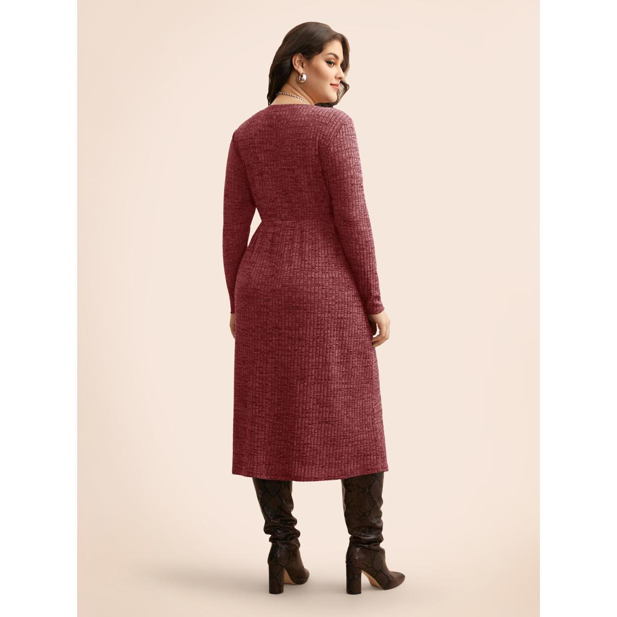 Plus Size Crew Neck Button Detail Split Hem Dress Burgundy Women Leisure Texture Round Neck Long Sleeve Curvy BloomChic 26/4X Product Image
