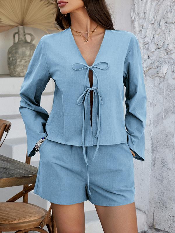 Flared Sleeves Long Sleeves Solid Color Tied V-Neck Blouses&Shirts Tops + Shorts Bottom Two Pieces Set Product Image