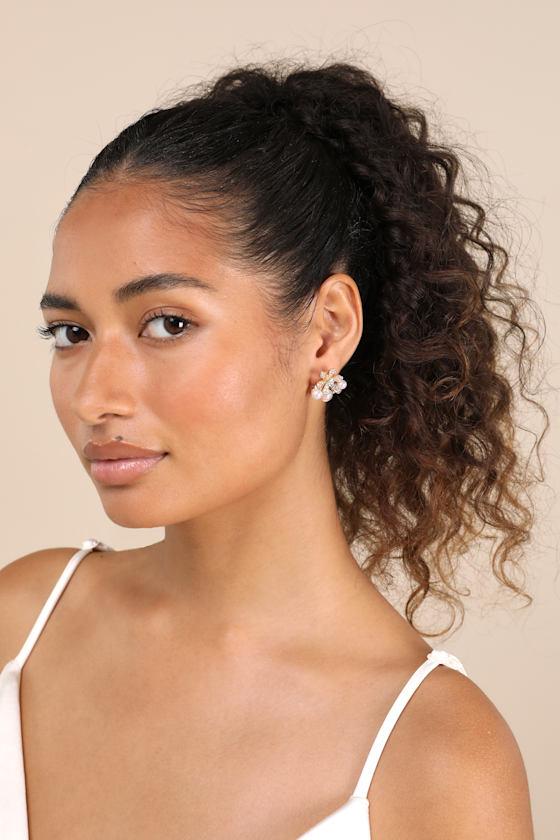 Aldea Gold Rhinestone Pearl Flower Earrings Product Image