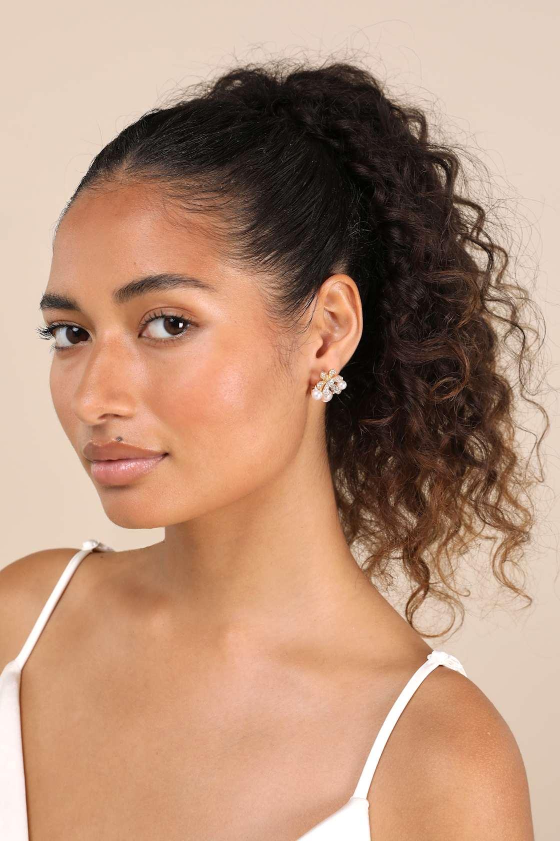 Aldea Gold Rhinestone Pearl Flower Earrings Product Image