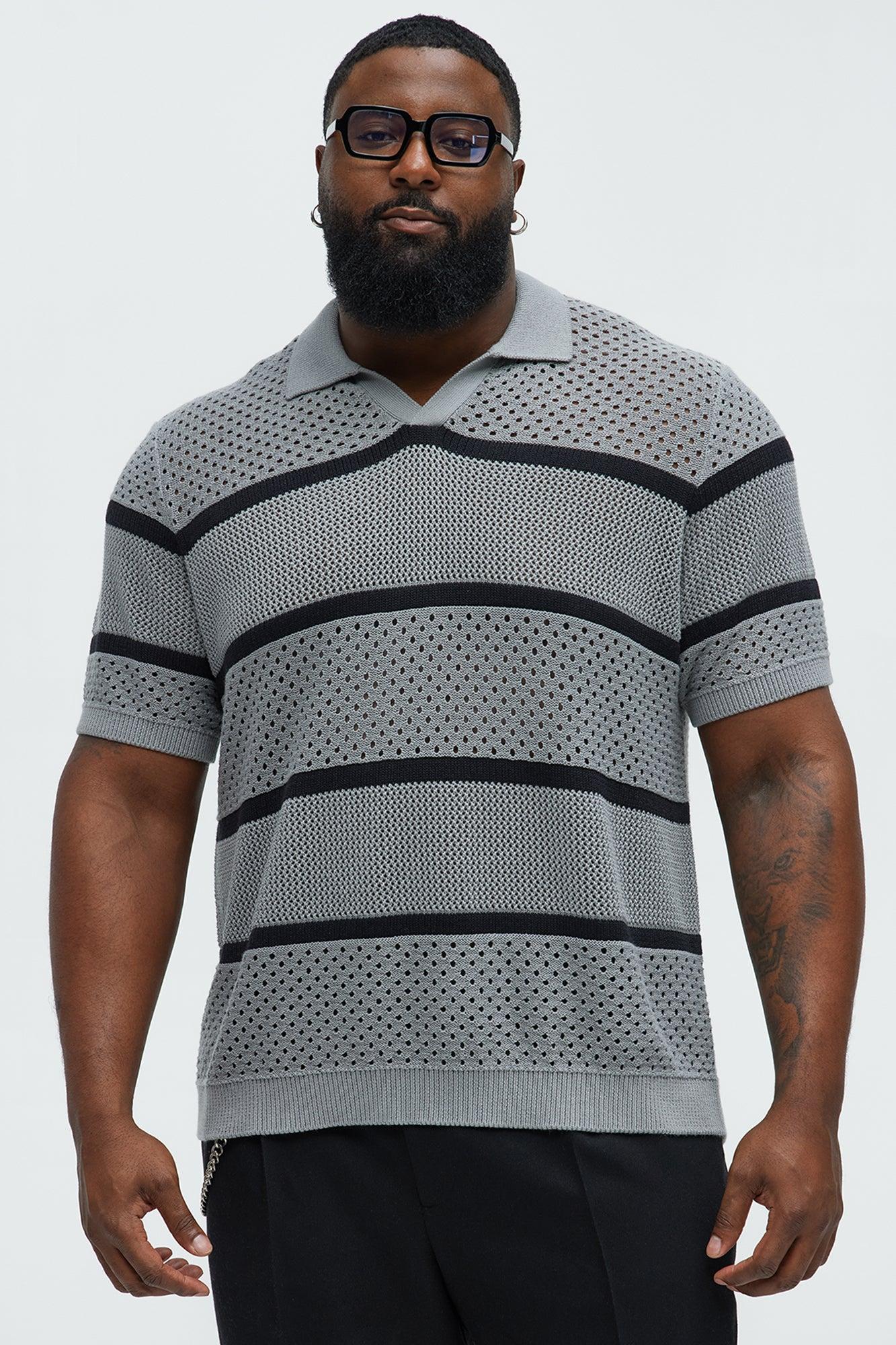 Mixed Texture Knitted Johnny Collar Shirt - Grey/combo Product Image