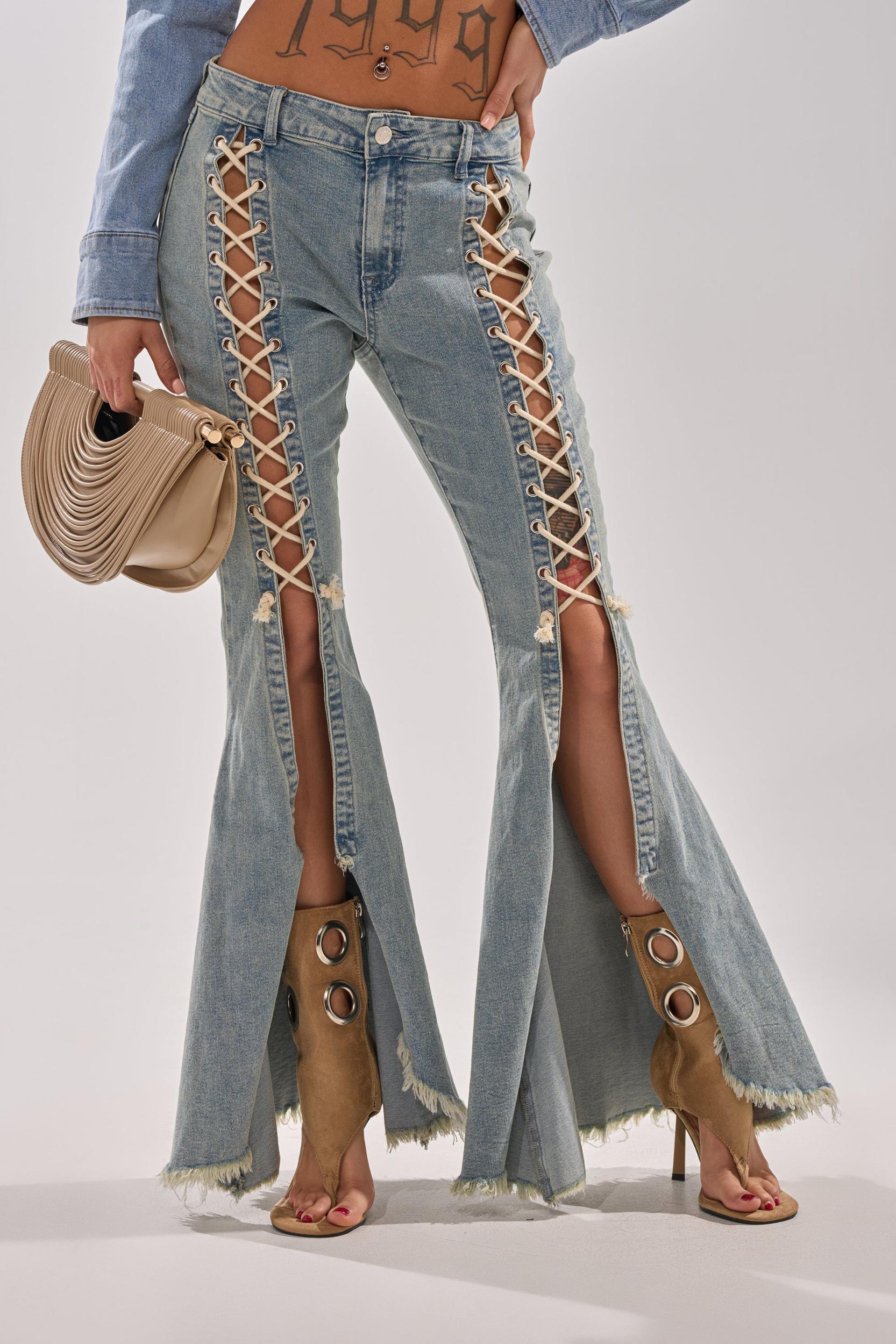 CRAZY ENOUGH LACE UP FLARE DENIM Product Image