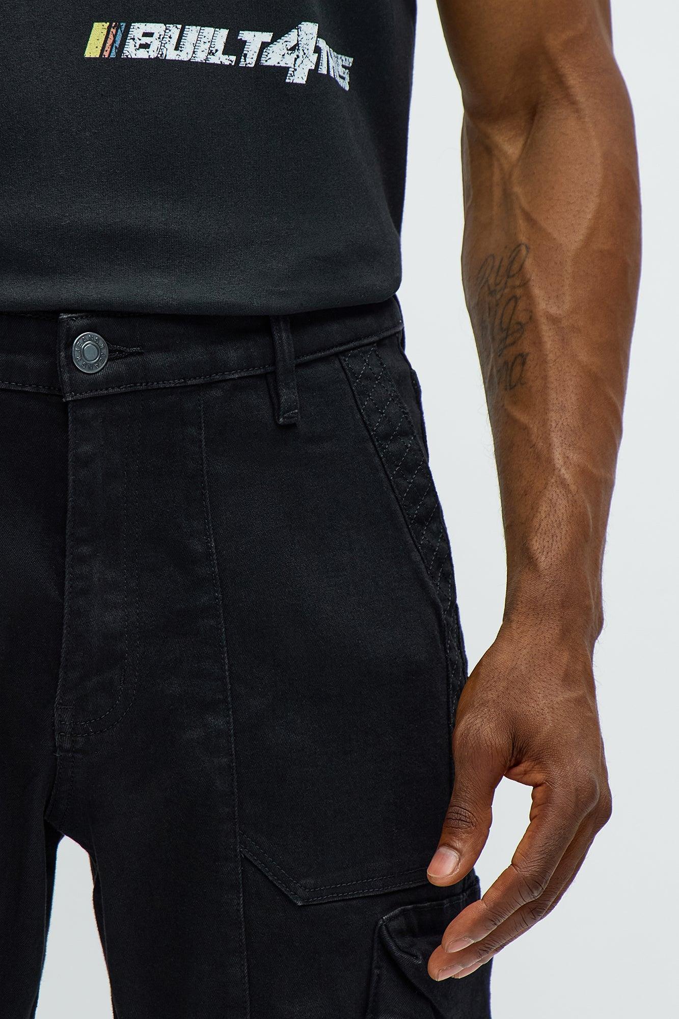 Stacked Slim Flare Rebel Stitch Cargo Jeans - Black Male Product Image
