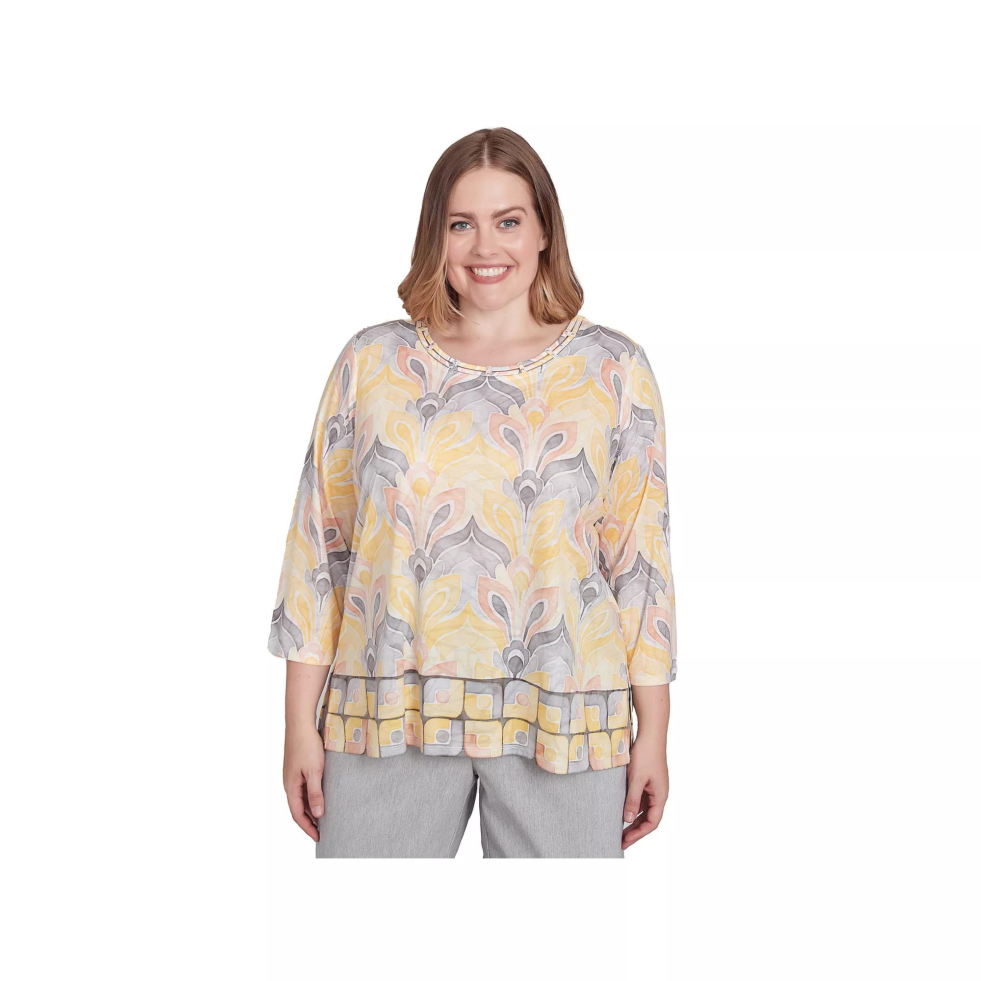 Plus Size Alfred Dunner Geometric Medallion Crewneck Top, Women's, Size: 2XL, Yellow Team Product Image