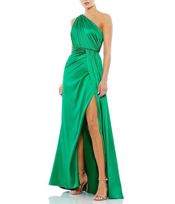 Mac Duggal Sleeveless Pleated One Shoulder Thigh High Slit Satin A-Line Gown Product Image