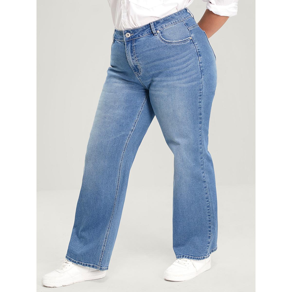 Plus Size Boyfriend Wide Leg Slightly Stretchy High Rise Medium Wash Jeans Women Stone Casual Plain Low stretch Pocket Jeans BloomChic 30/6X Product Image