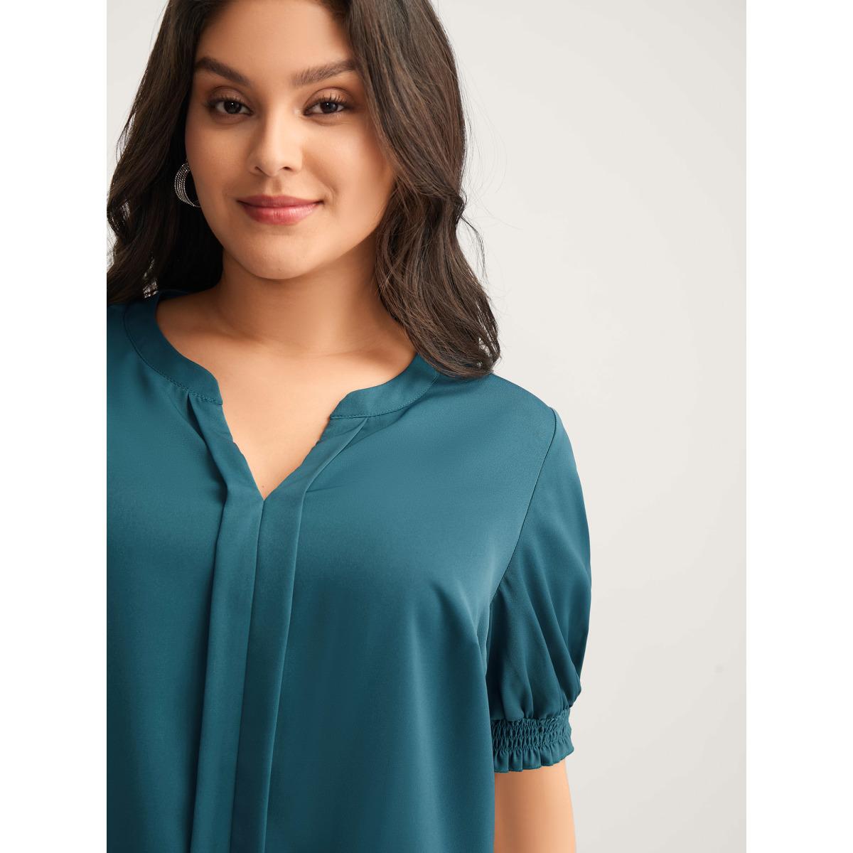 Plus Size Aegean Shirred Puffy Sleeve Solid Blouse Women Short sleeve Flat collar with V-notch Work Blouses BloomChic 30/6X Product Image