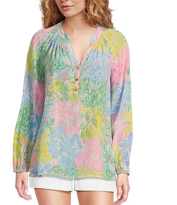Lilly Pulitzer Elsa Multi Bright Delight Patch Print Split V-Neck Long Sleeve Blouse Product Image