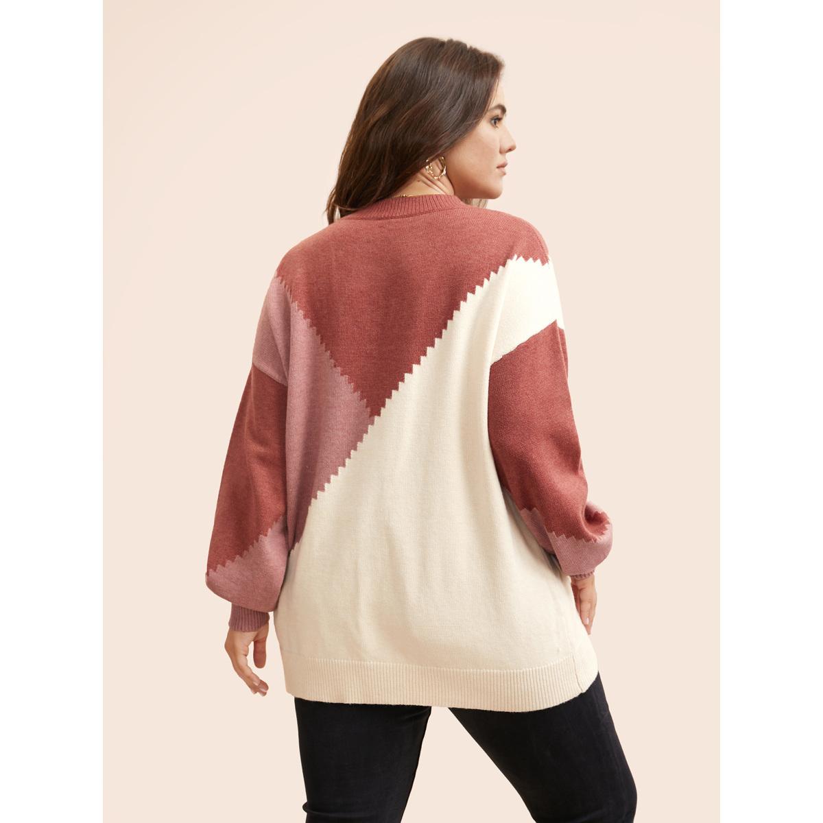 Plus Size Colorblock Contrast Round Neck Pullover DustyPink Women Casual Long Sleeve Round Neck Everyday Pullovers BloomChic 12/L Product Image