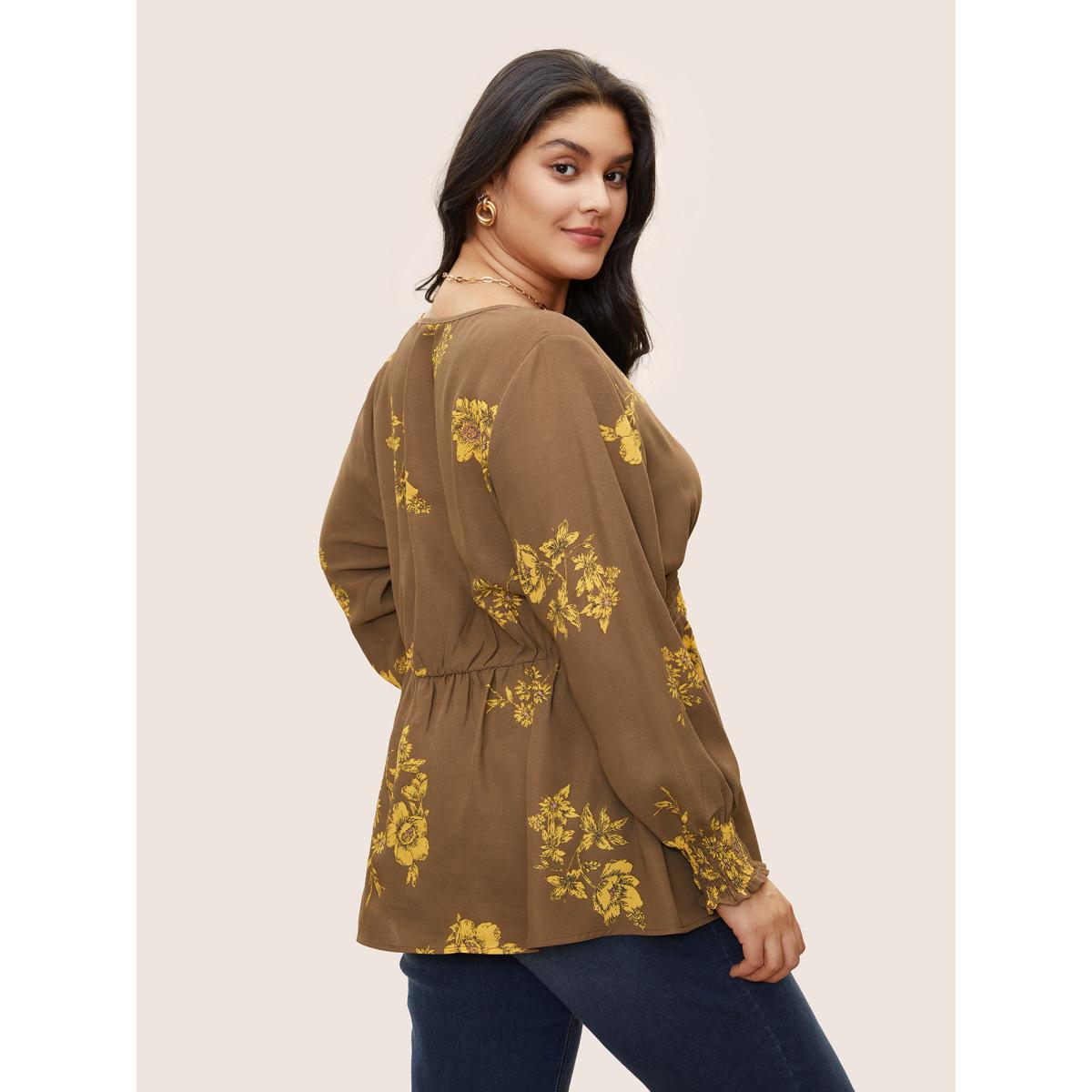 Plus Size Bronze Shirred Floral Elastic Waist Lantern Sleeve Blouse Women Elegant Long Sleeve V-neck Everyday Blouses BloomChic 26/4X Product Image