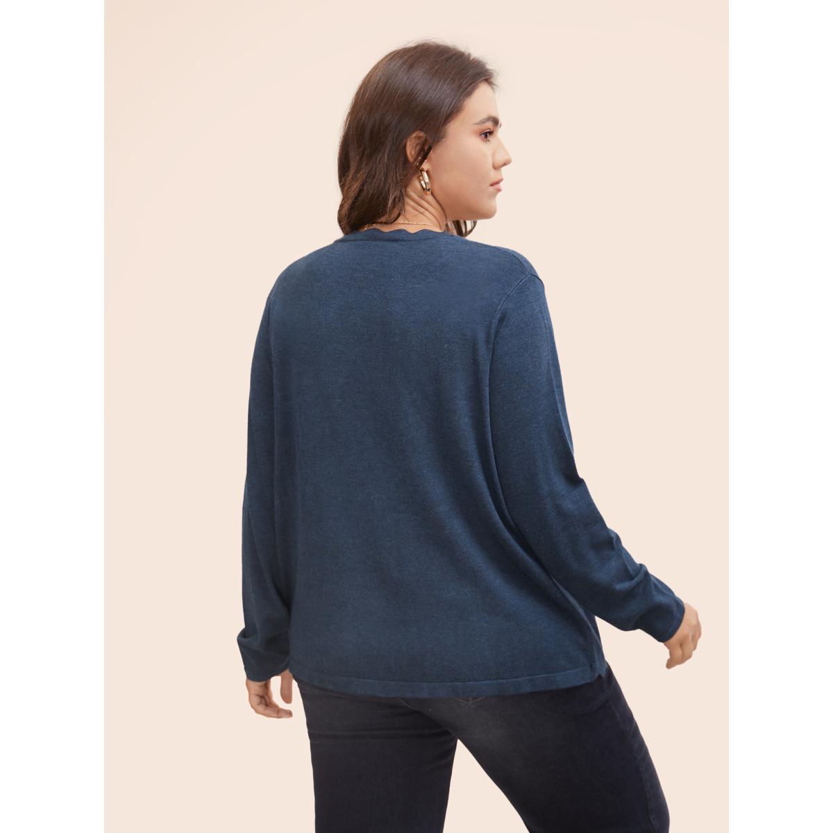 Plus Size Supersoft Essentials Solid Scalloped Trim Cardigan Midnight Women Casual Loose Long Sleeve Everyday Cardigans BloomChic 12/L Product Image