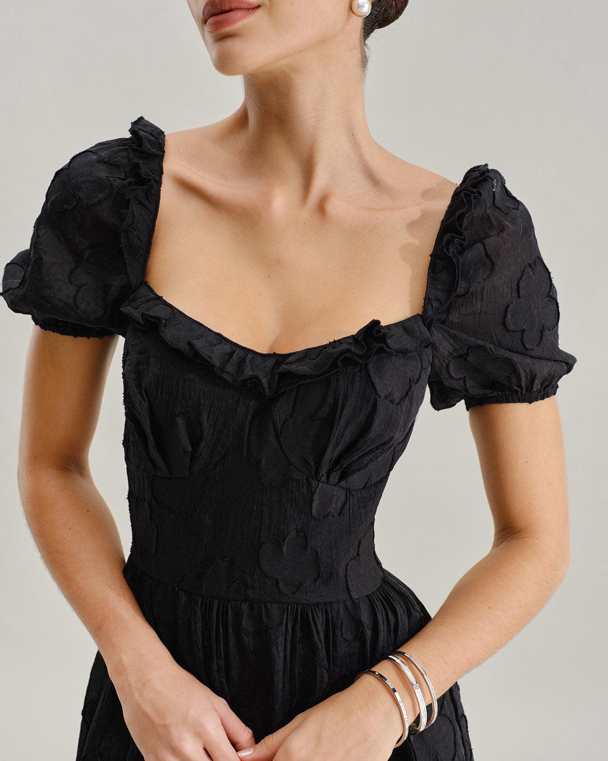 Black Square Neck Puffed Sleeve Midi Dress Product Image