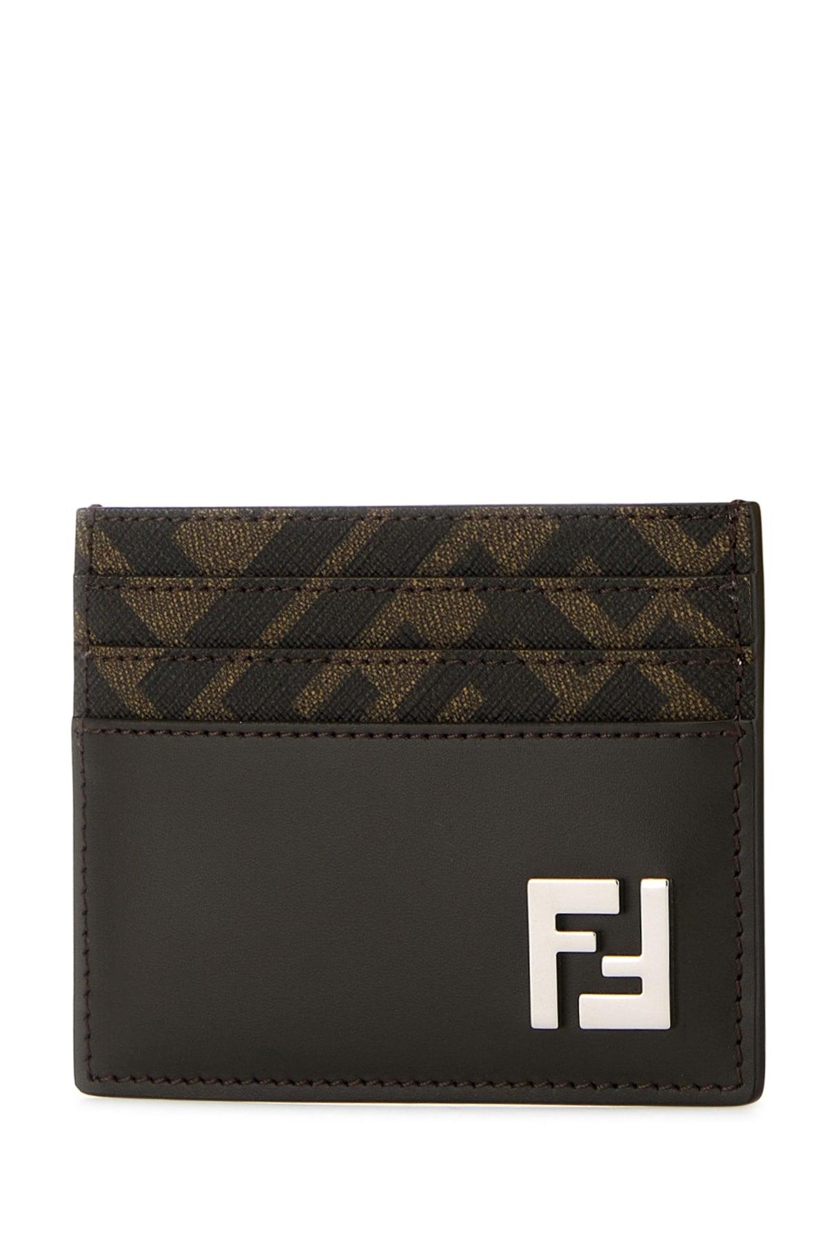 FENDI Brown Card-holder With Squared Ff Motif In Leather And Ff Canvas Man In Ebony Product Image