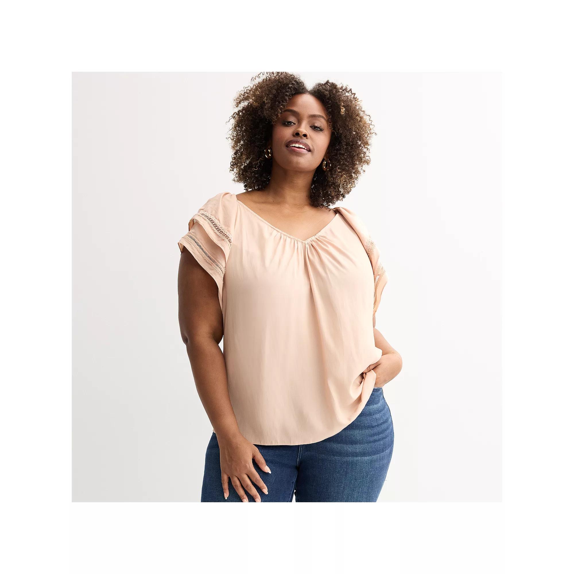 Plus Size Chelsea & Theodore Ruffle Sleeve Blouse, Women's, Size: 3XL, Light Pink Product Image