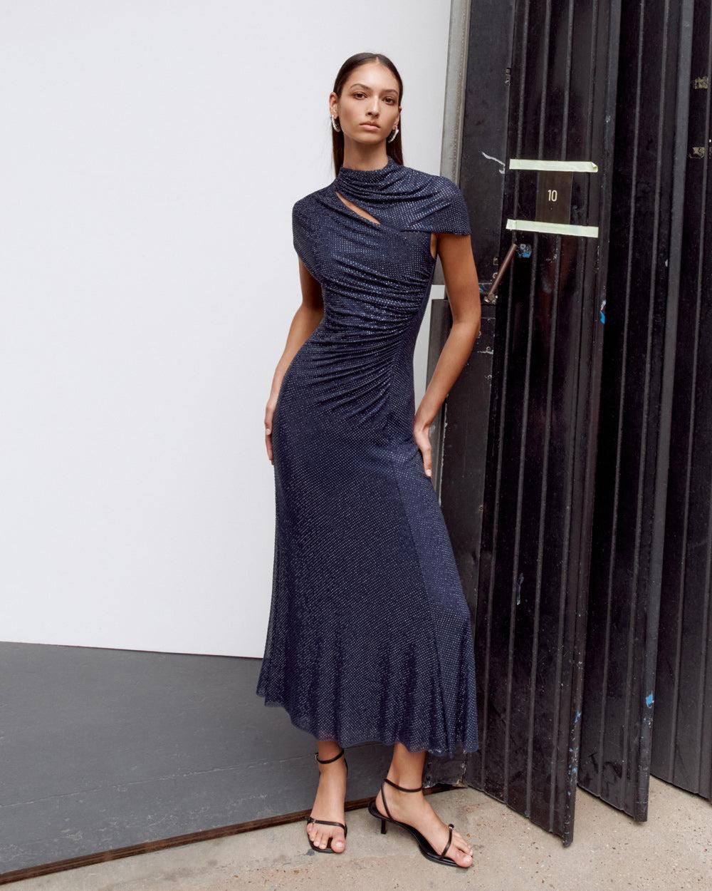Navy Rhinestone Mesh Cut Out Midi Dress Product Image