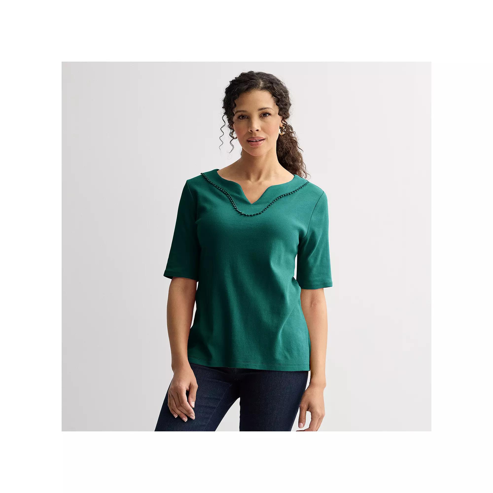 Womens Croft & Barrow Bobble Trim Splitneck Elbow Sleeve Top Dark Blue Product Image