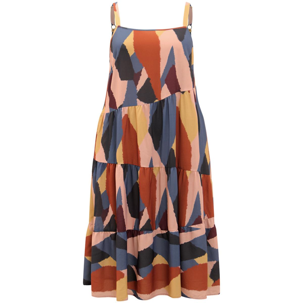 Plus Size Colorblock Contrast Pocket Cami Ruffle Hem Dress Multicolor Women Casual Adjustable Straps Spaghetti Strap Sleeveless Curvy Midi Dress BloomChic 12/L Product Image