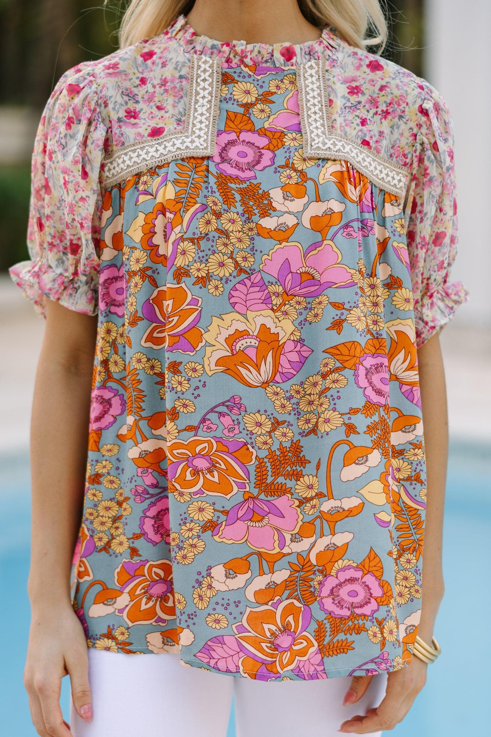 Let's Be Clear Dusty Sage Floral Short Sleeve Blouse Female Product Image