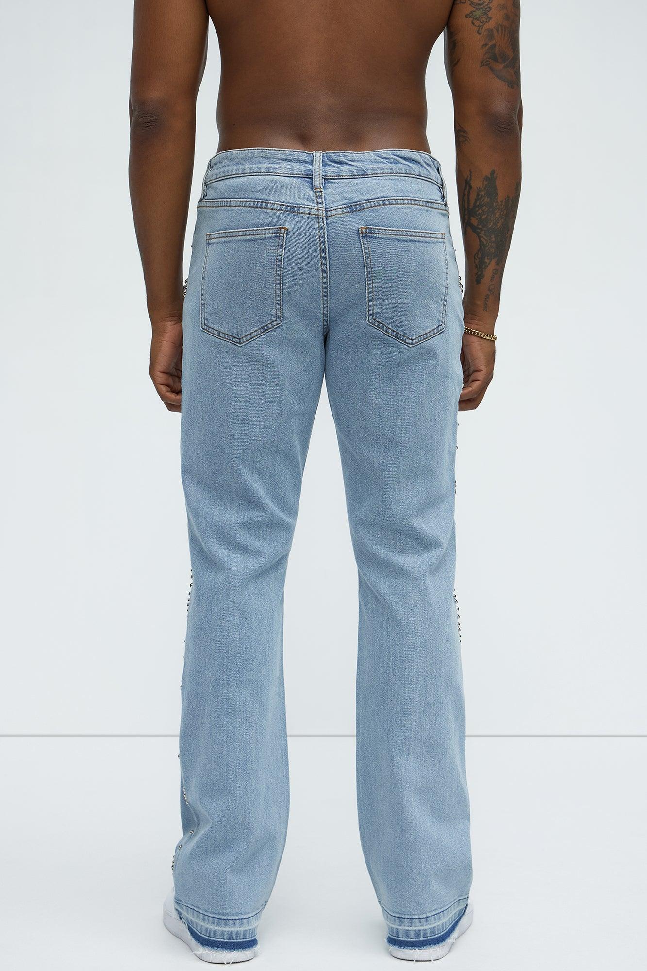 Western Studded Stacked Slim Flare Jeans - Light Wash Product Image