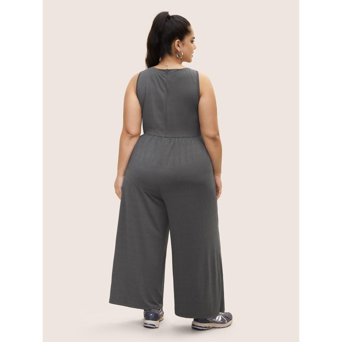 Plus Size DimGray Rib Knit Patchwork Wide Leg Jumpsuit Women Casual Short sleeve Round Neck Everyday Loose Jumpsuits BloomChic 30/6X Product Image